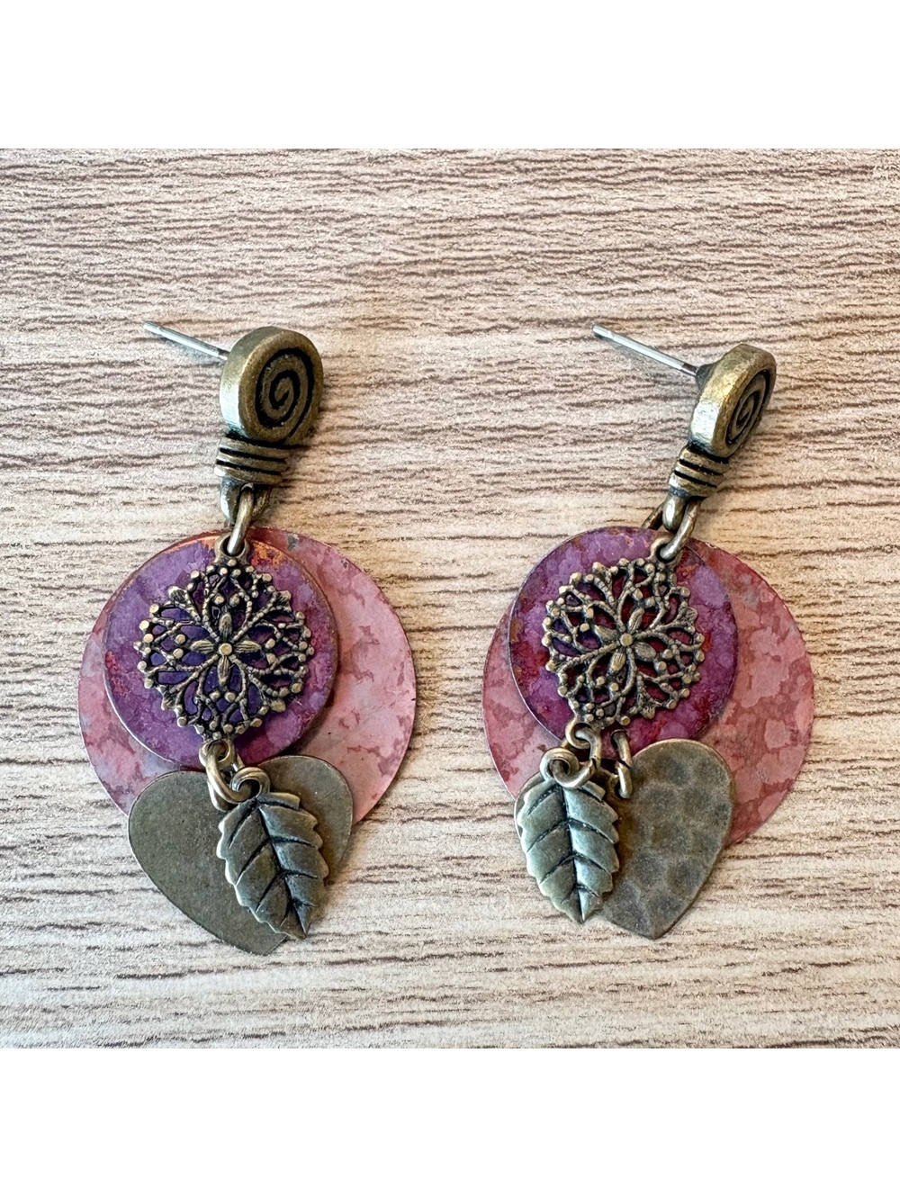 Artisan Purple Boho Statement Earrings Floral Filigree Heart Leaf Dangle